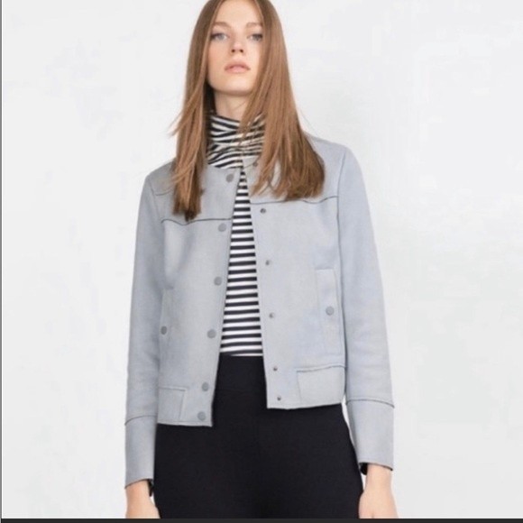 Zara Faux Suede Blue Button Front Jacket size M - Picture 1 of 13